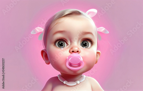 illustration of baby infant girl very cute sad in tears with pacifier in mouth on isolated pink background, digital painting in 3D cartoon movies style photo