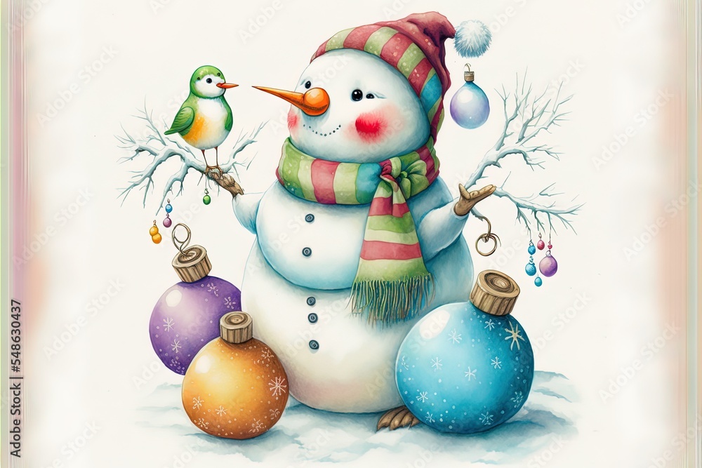 Watercolor Illustration Illustration Of Cute Snowman Character With Christmas Ornaments
