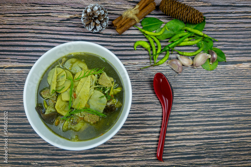 Bild auf Leinwand Thai Foods Northeast spicy curry fermented fish bamboo shoot with a tiliacora juice mom's crafts for lunch today Keng No Mai Sai Yanang Thai language