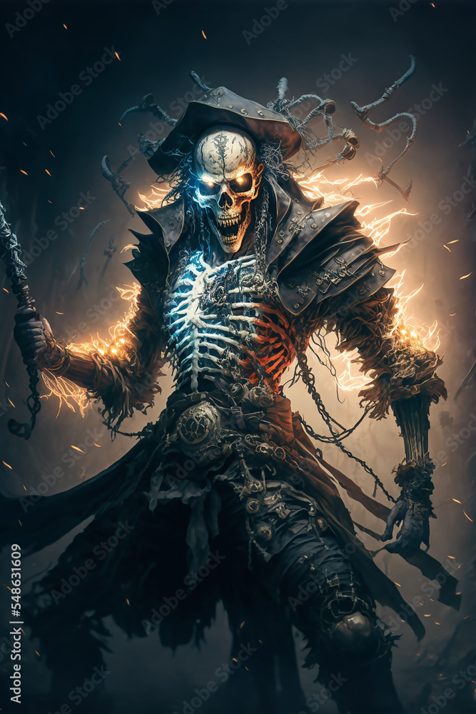 Fototapeta premium Pirate Skeleton Warrior, Fantasy Skel, Concept Art, Character Art, Skeleton Background, Digital Illustration
