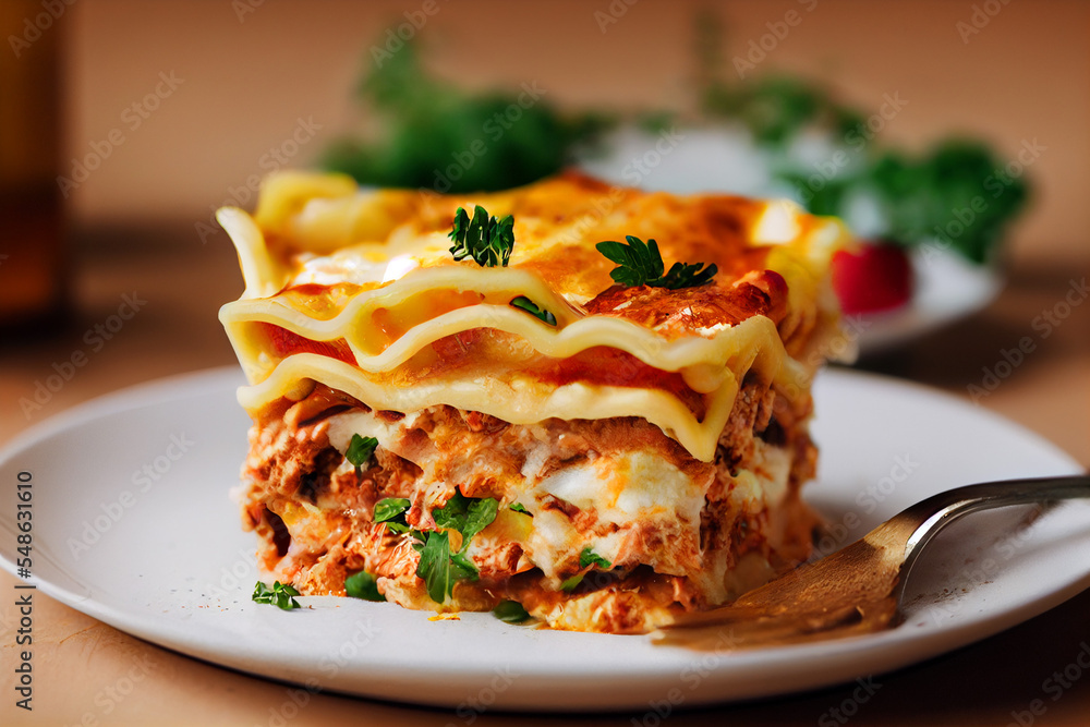 freshly baked lasagna with meat, cheese and tomato sauce lies on a white plate freshly baked lasagna with meat, cheese and tomato sauce lies on a white plate