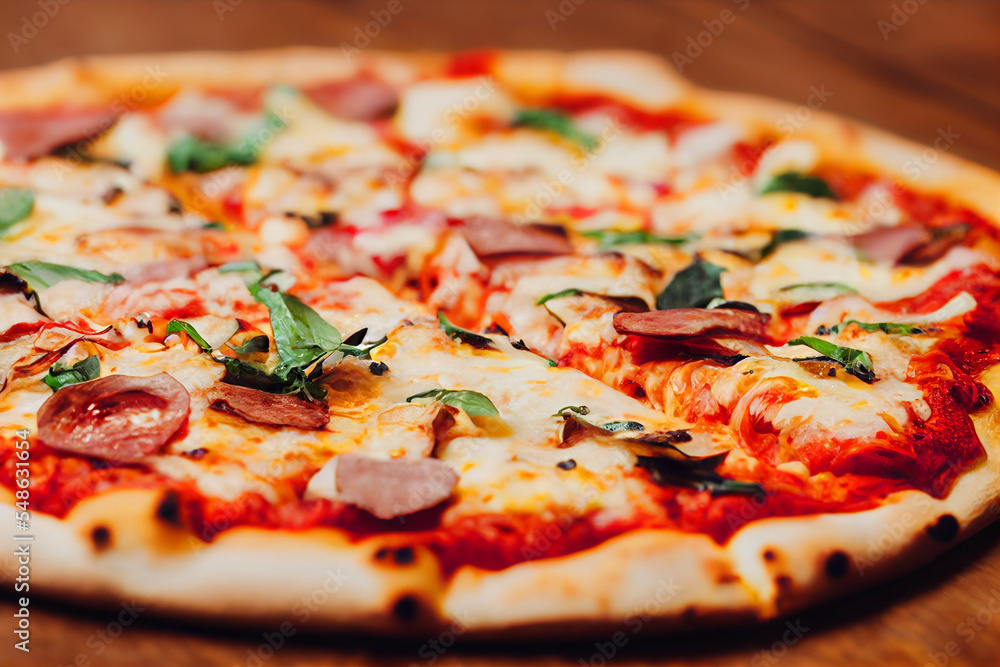 a large sliced pizza lies on a wooden table a large sliced pizza lies on a wooden table
