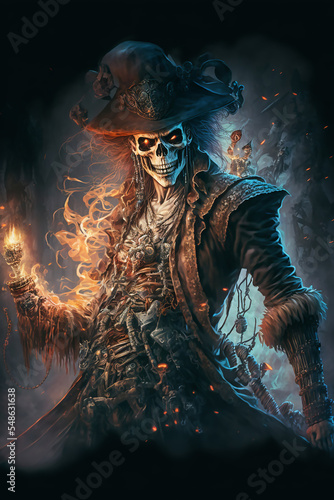 Pirate Skeleton Warrior, Fantasy Skel, Concept Art, Character Art, Skeleton Background, Digital Illustration, Generative AI