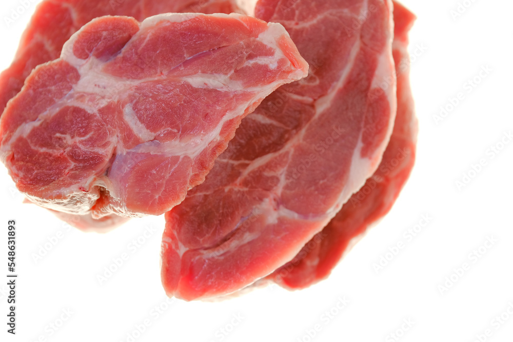 Pieces of chopped meat. isolated on white background. Pork fresh meat pieces set on white background.Meat products.Farm organic bio meat.Protein nutrition. 