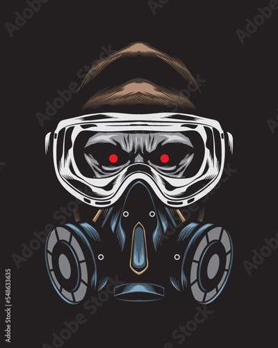 angry gorilla wearing gas mask and google vector illustration