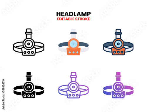 Headlamp icon set vector line, outline, glyph, filled line, flat color, line and flat gradient. Editable stroke and pixel perfect. Can used for digital product, presentation, UI and many more.