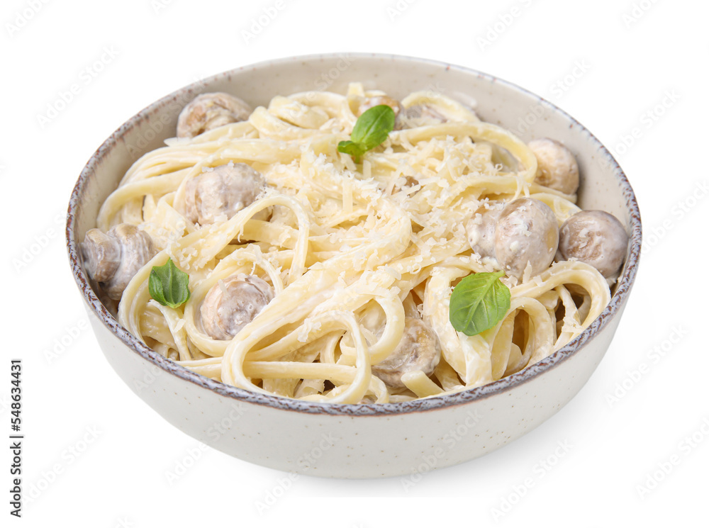 Delicious pasta with mushrooms and cheese on white background Delicious pasta with mushrooms and cheese on white background