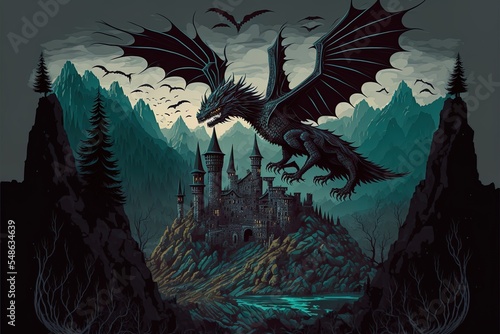 Black Spooky Castle And Flying Dragon In Canyon With Mountains And Forest. Cartoon Fantasy Illustration With Medieval Palace With Towers, Creepy Beast With Wings, Rocks And Pine Trees