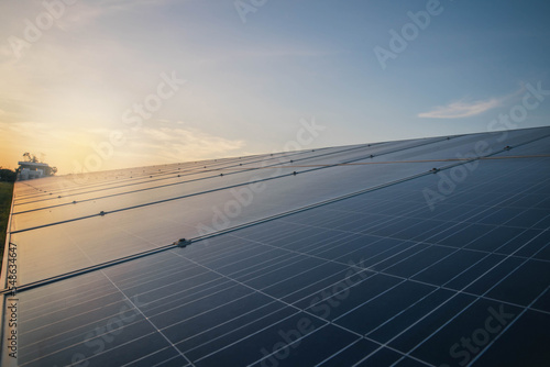 Blue solar panels backdround. Solar panel, photovoltaic, alternative electricity source.  Solar energy farm.