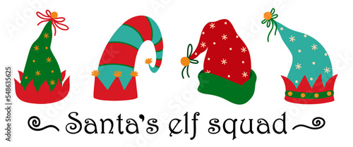 Christmas elf hat vector icon set. A traditional green caps with red decor, golden bells, bows and snowflakes. Santa Claus helper headwear. Flat cartoon clipart isolated on white. For prints, posters