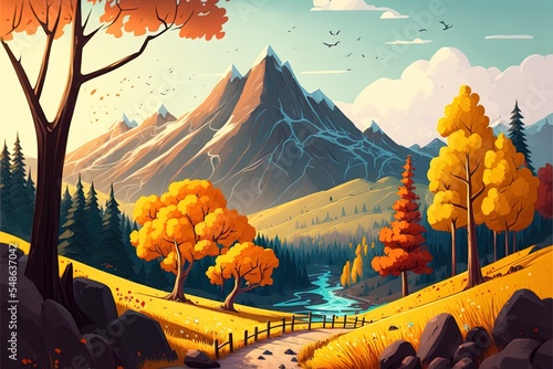 Cartoon Autumn Landscape Mountain Valley Scene photo