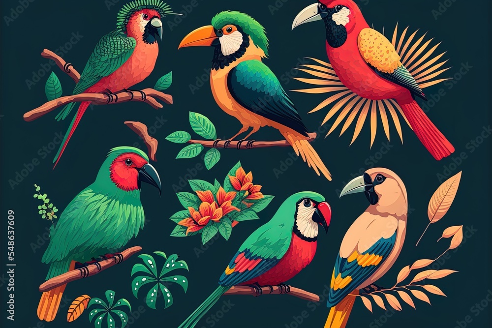 Obraz premium Exotic Tropical Birds Retro Icons Cartoon Style