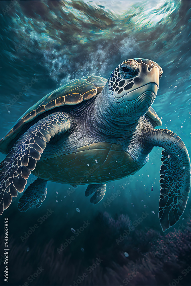 Fototapeta premium Sea Turtle Swimming in the Ocean, Digital Illustration, Concept Art