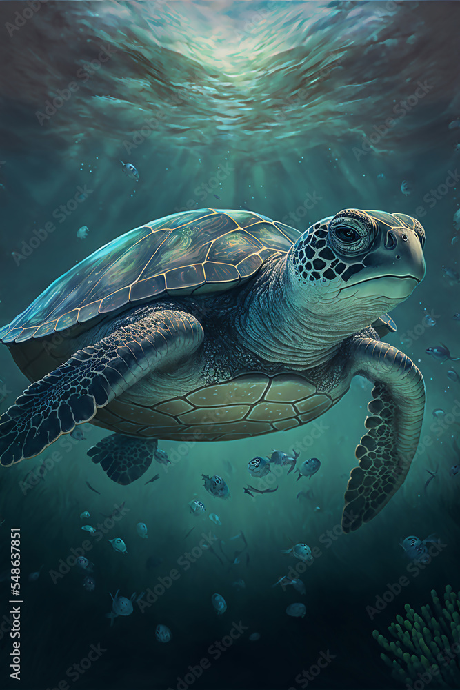 Fototapeta premium Sea Turtle Swimming in the Ocean, Digital Illustration, Concept Art