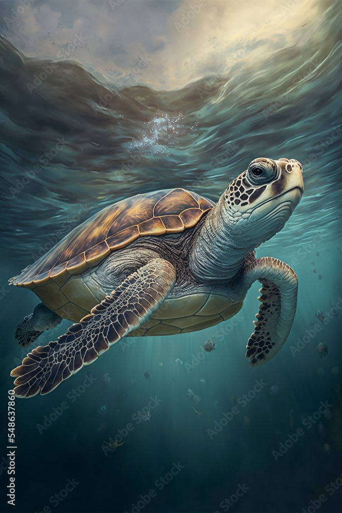 Fototapeta premium Sea Turtle Swimming in the Ocean, Digital Illustration, Concept Art