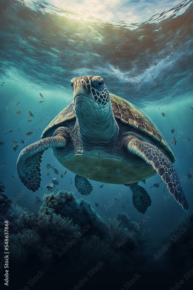 Obraz premium Sea Turtle Swimming in the Ocean, Digital Illustration, Concept Art