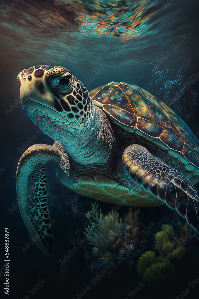 Obraz premium Sea Turtle Swimming in the Ocean, Digital Illustration, Concept Art