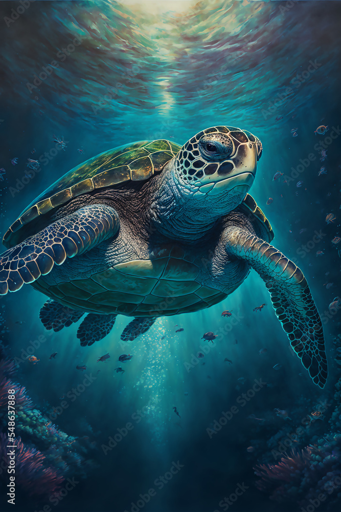 Fototapeta premium Sea Turtle Swimming in the Ocean, Digital Illustration, Concept Art