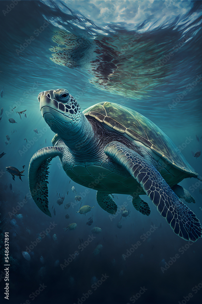 Fototapeta premium Sea Turtle Swimming in the Ocean, Digital Illustration, Concept Art