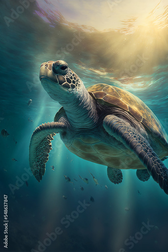 Sea Turtle Swimming in the Ocean  Digital Illustration  Concept Art
