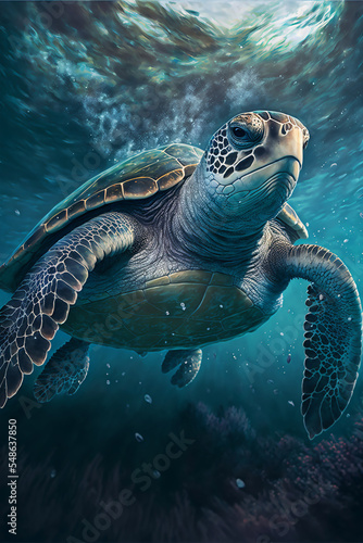 Sea Turtle Swimming in the Ocean  Digital Illustration  Concept Art