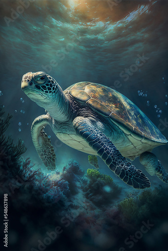 Sea Turtle Swimming in the Ocean, Digital Illustration, Concept Art © Badger