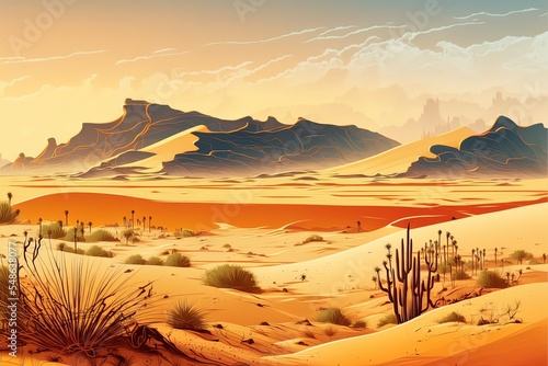 Panoramic Landscape Hot Desert, Sand Dunes - 2D Illustrated Illustration