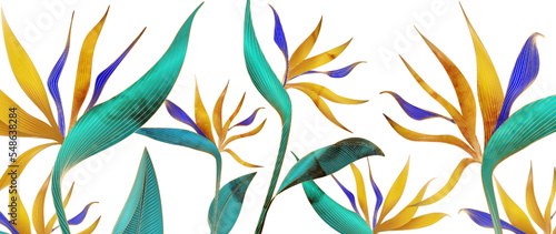 Watercolor art background with hand drawn paradise flowers with golden elements in art line style. Botanical banner for decor, print, wallpaper, textile, interior design.