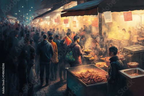 Crowd Of People Walking In Night Market, Buying Street Food In Stalls.