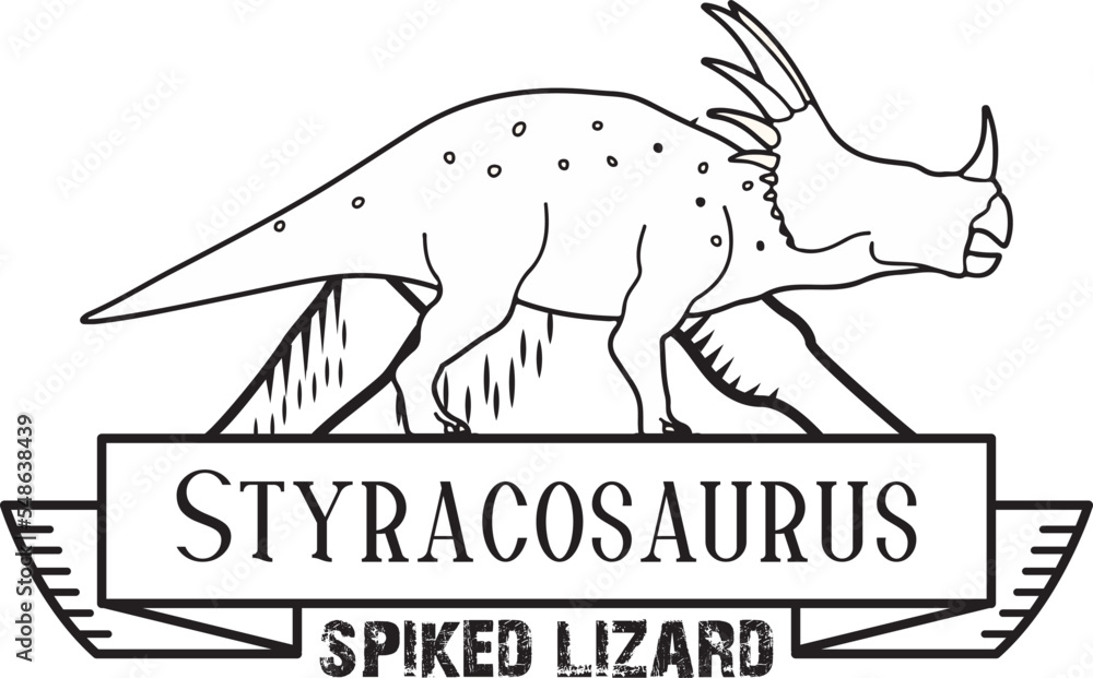 Naklejka premium Styracosaurus albertensis prehistoric spiked lizard dinosaur line art minimalism badge