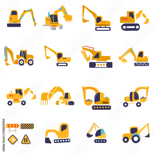 construction icons set isolated Big set of construction equipment. Special machines for the construction work. Forklifts, cranes, excavators, tractors, bulldozers, trucks. Special equipment. Road repa