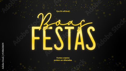 Boas festas ou feliz ano novo selo para campanhas dourado estilo 3d editável com fundo preto e partículas em vetor.