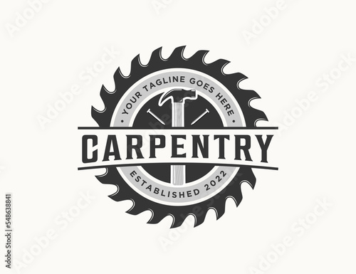Carpentry logo emblem vintage silhouette, circular saw blade, hammer and nail, wood cutting, circular wood texture