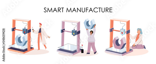 Manufacturing process industry. Scientist robot assembling products. Smart manufacture, automation development metaphor. Smart industry product design, automated production, robots and machinery 4.0