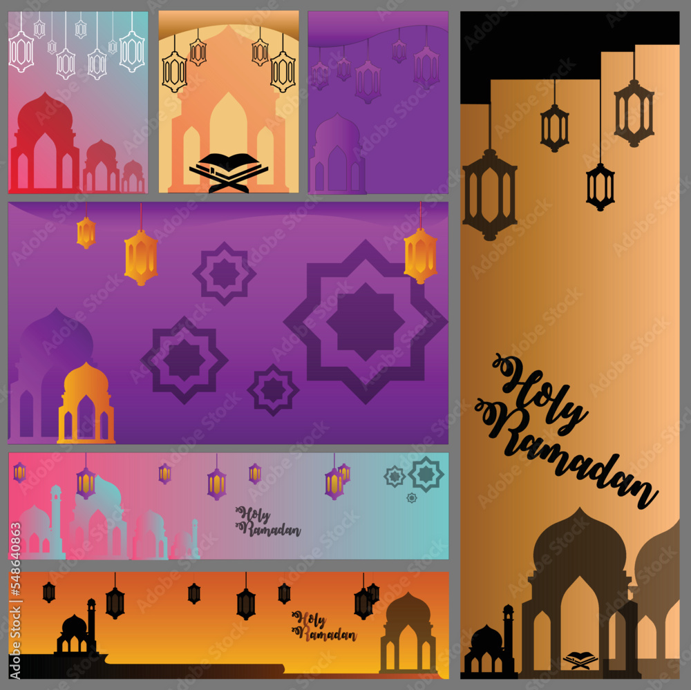 Special Ramadan illustrations. Mega set. Collection of scenes with Ramadan sale, Discount, Delivery, Cashback, Iftar party, Greeting card Ramadan Kareem, and Eid Mubarak,Trendy vector style,