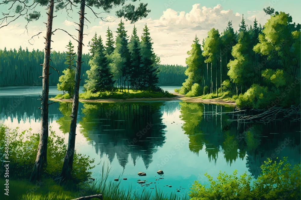 Summer Forest Landscape With Lake And Trees Stock Illustration | Adobe ...