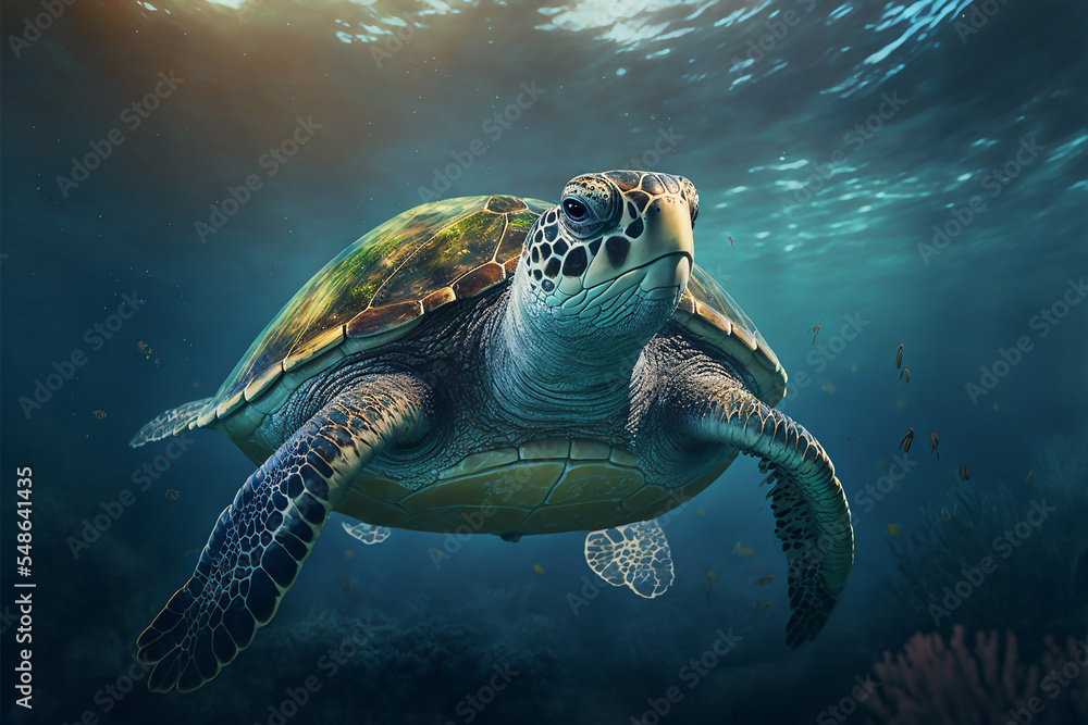 Fototapeta premium Sea turtle swimming in the Ocean, Digital Illustration, Concept Art