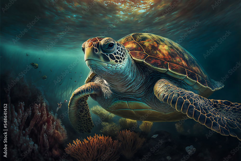 Obraz premium Sea turtle swimming in the Ocean, Digital Illustration, Concept Art