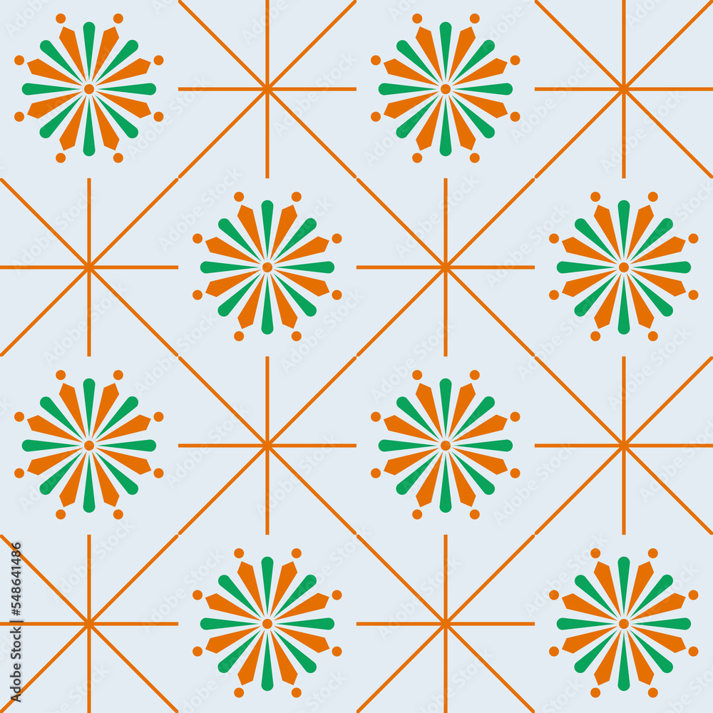 This seamless pattern uses two colors(orange-green) geometric shapes. It is like a glittering flower on a white toned background cut by straight and diagonal lines.