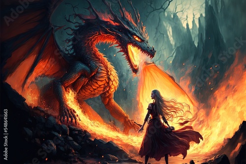 Fantasy Scene Showing The Girl Fighting The Fire Dragon, Digital Art Style, Illustration Painting