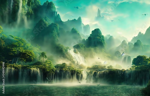 Foto picturesque landscape with waterfall and flying dinosaurs, Digital art style, illustration painting