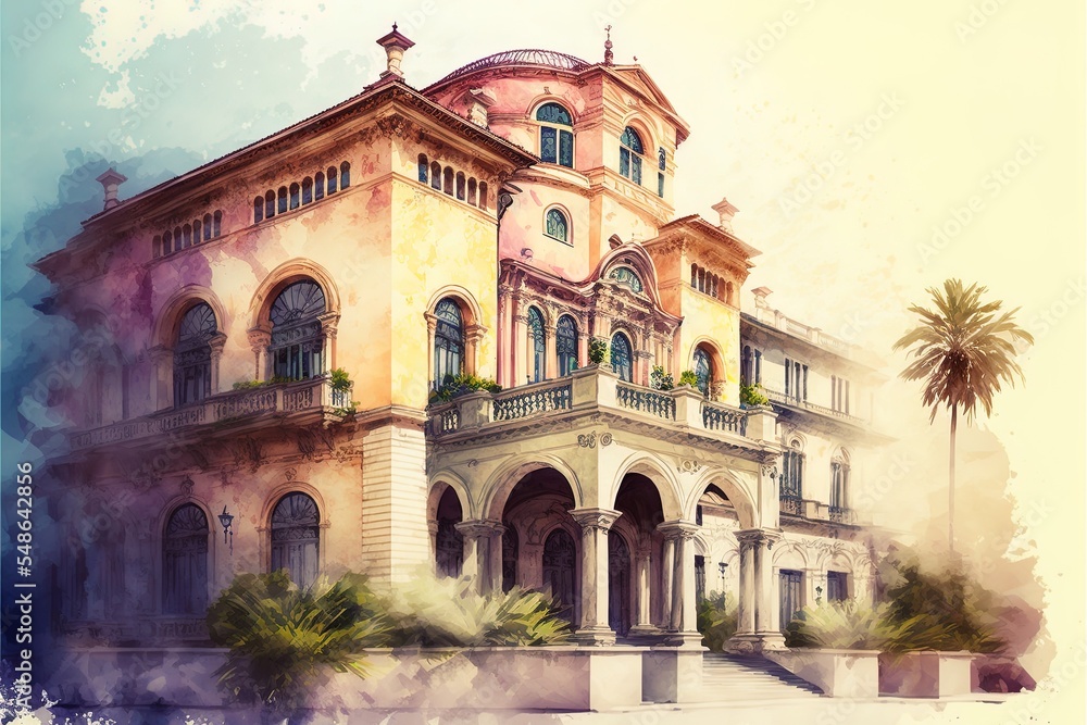 Illustration Of Mediterranean City Building Exterior Water Color Style