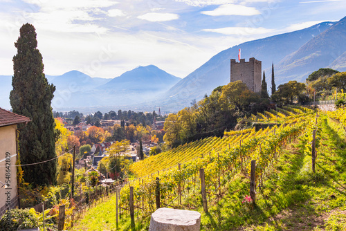 View to Ortenstein Castle, also known as Powder Tower of Merano, South tyrol, Italy at the beginning of famous hiking trail Tappeinerweg photo