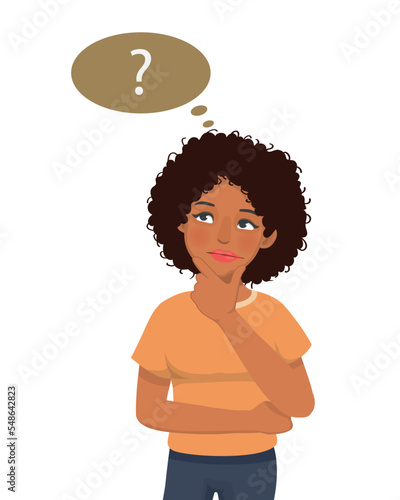 young African woman thinking looking up while touching her chin to find solution of problems