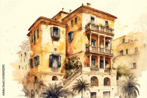 Mediterranean City Building Exterior Water Color Style