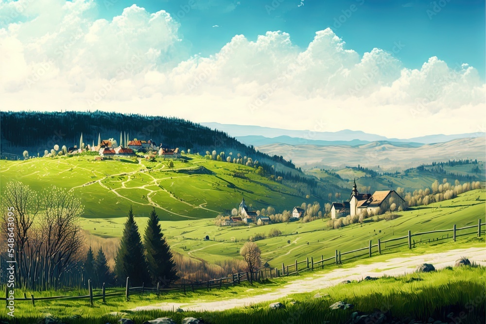 Panorama View Of Spring Village With Green Meadow On Hills With Blue Sky