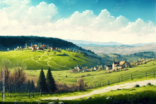 Panorama View Of Spring Village With Green Meadow On Hills With Blue Sky
