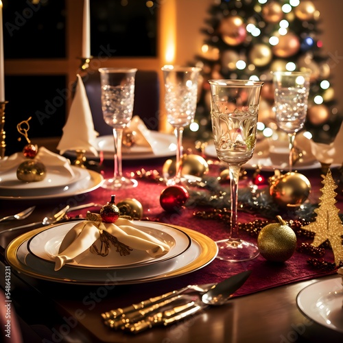 Photographie Elegant Christmas dinner table, celebration candle, glasses, plates