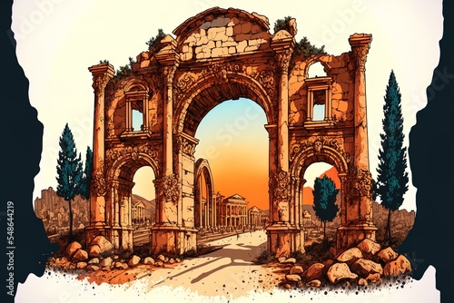 Arch Of Hadrian In The Ancient Jordanian City Of Gerasa, Precartoon Style-Day Jerash, Jordan. It Is Located About 48 Km North Of Amman. Ancient Roman City Of Jerash Is One Of The Main Attractions Of