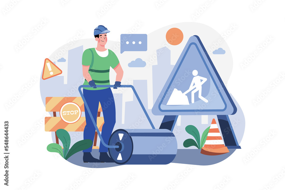 Worker Using Road Roller Makes Paving On Highway Or Street Worker Using Road Roller Makes Paving On Highway Or Street